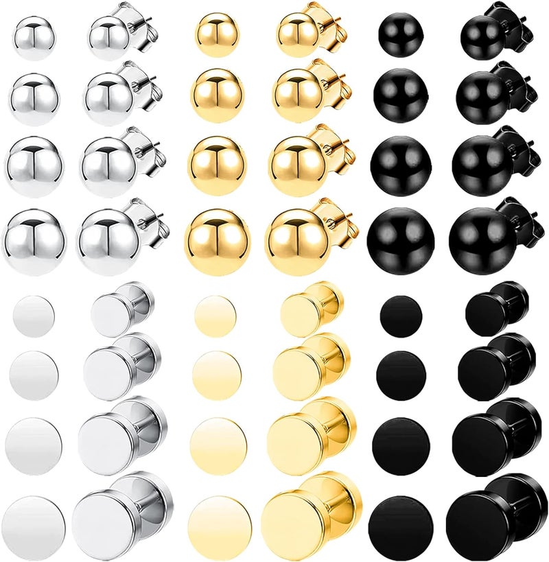 NEWITIN 24 Pairs Stainless Steel Earrings for Men Hypoallergenic Inlaid Cubic Zirconia Studs Hoop Earring Cross Dangle Earrings Unisex Punk Stud Earring for Women Men - Image 1